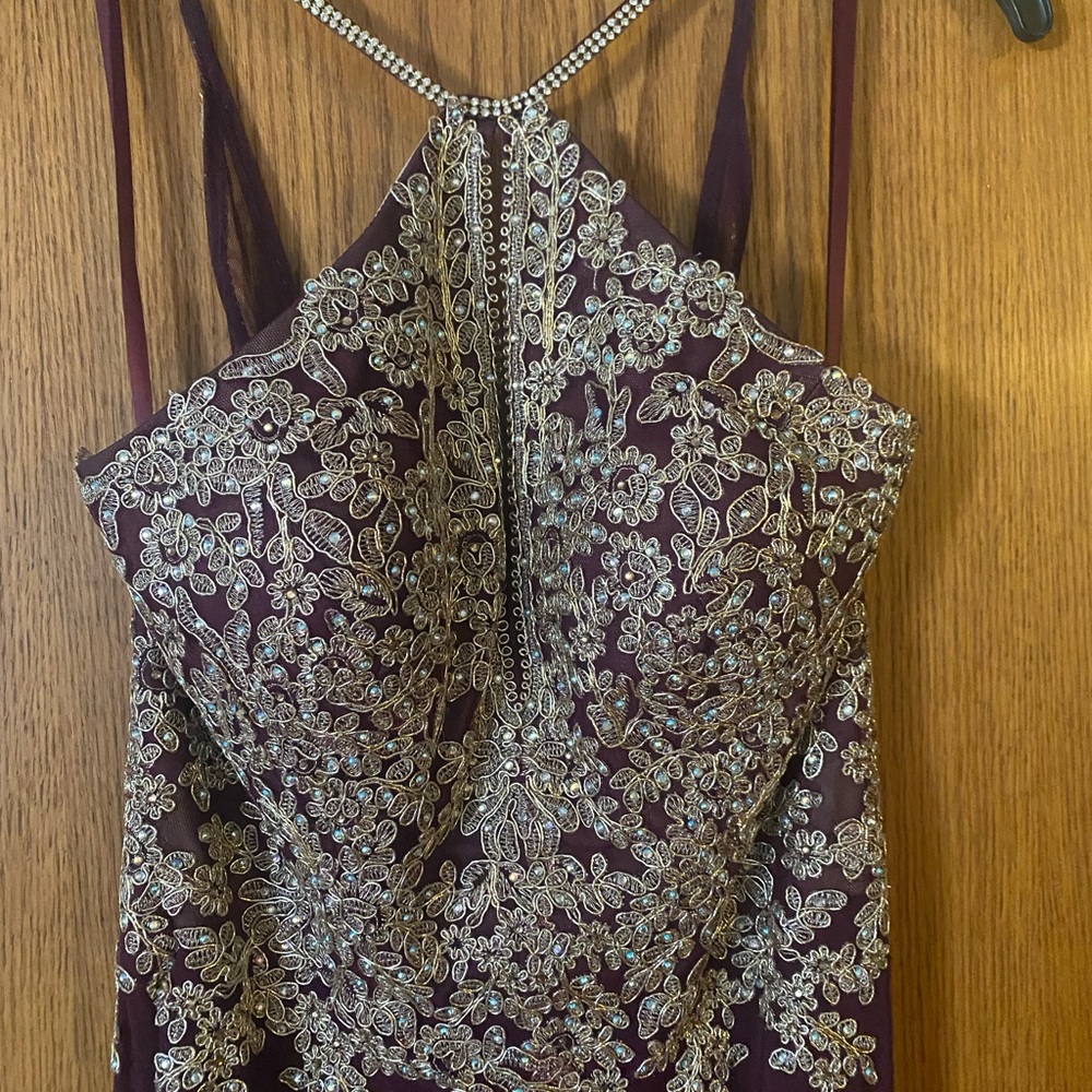 Embroidered Strapless Evening Dress in Burgundy